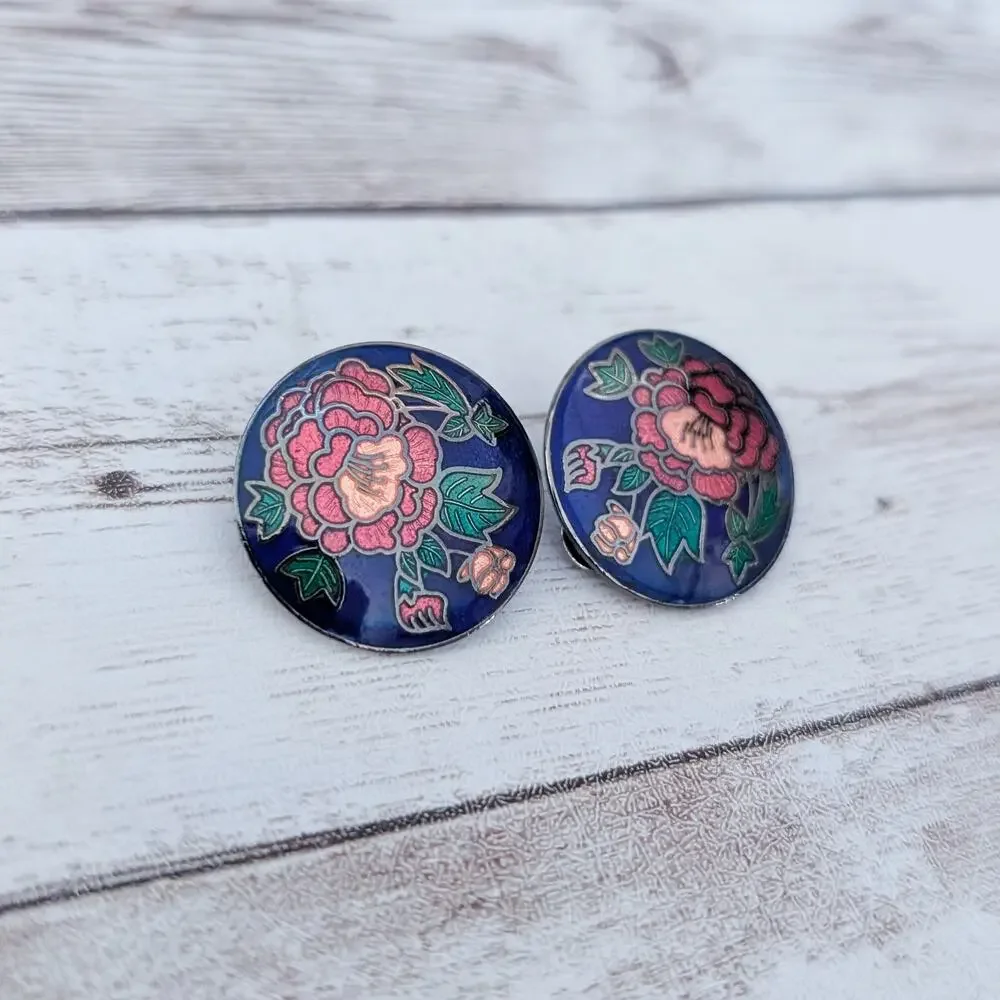Vintage Clip On Earrings Stunning Blue with Red Flower Statement
